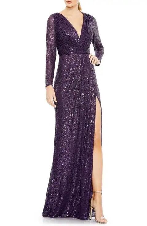 Mac Duggal Dresses & Skirts - Mac Duggal Purple Sequined Long Sleeve V-Neck Slit Formal Prom Gown Size 2